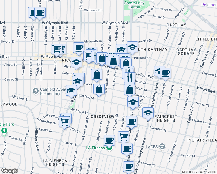 map of restaurants, bars, coffee shops, grocery stores, and more near 1482 South Sherbourne Drive in Los Angeles