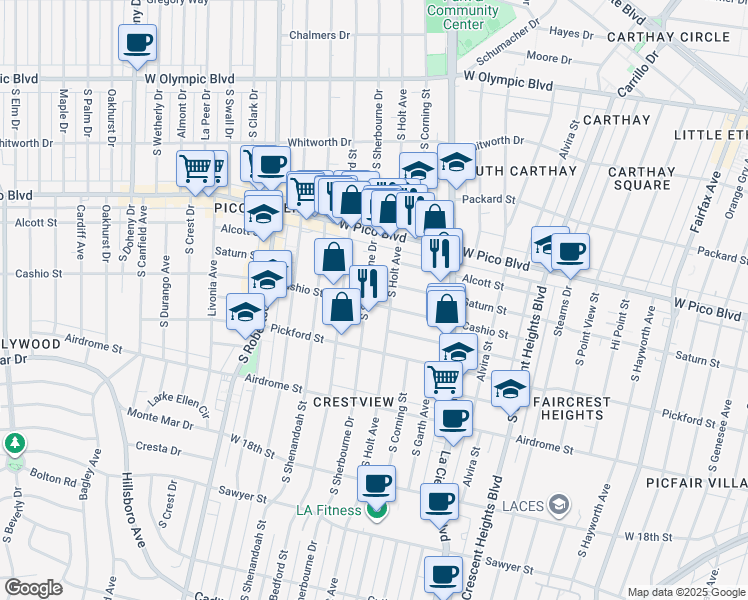 map of restaurants, bars, coffee shops, grocery stores, and more near 1482 South Sherbourne Drive in Los Angeles