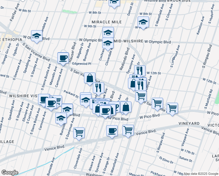 map of restaurants, bars, coffee shops, grocery stores, and more near 5218 San Vicente Boulevard in Los Angeles