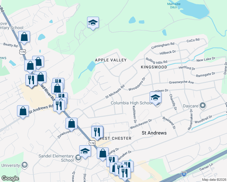 map of restaurants, bars, coffee shops, grocery stores, and more near 1709 Saint Michaels Road in Columbia