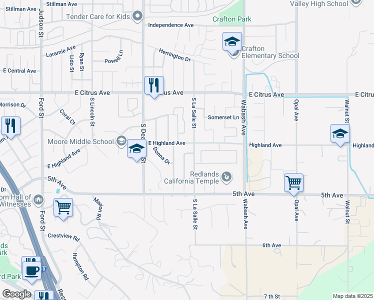 map of restaurants, bars, coffee shops, grocery stores, and more near 216 Gabrielle Way in Redlands
