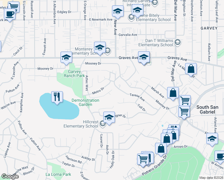 map of restaurants, bars, coffee shops, grocery stores, and more near 944 Abe Way in Monterey Park