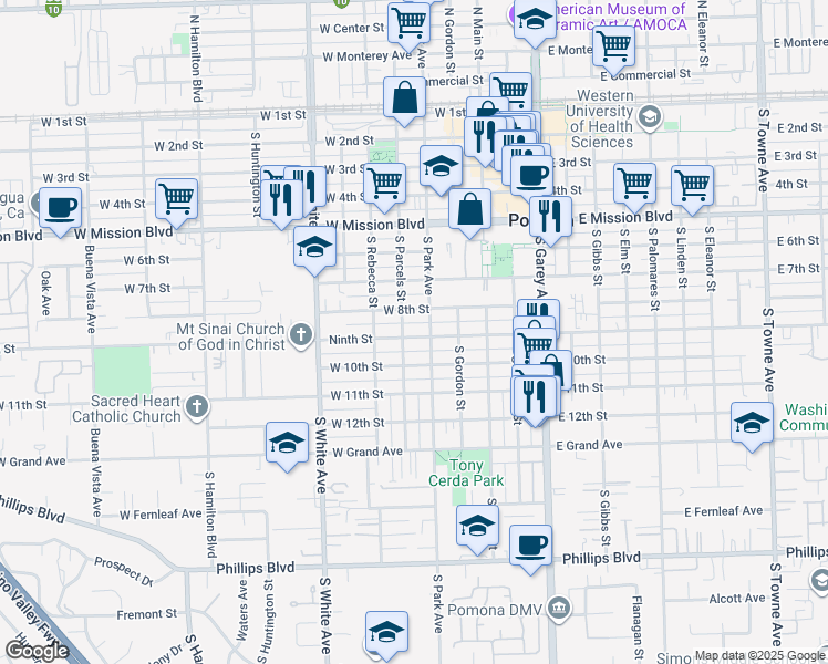 map of restaurants, bars, coffee shops, grocery stores, and more near 565 West 9th Street in Pomona