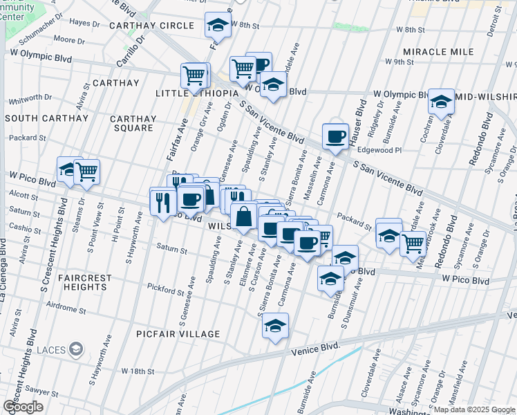 map of restaurants, bars, coffee shops, grocery stores, and more near 1326 South Stanley Avenue in Los Angeles