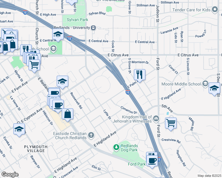 map of restaurants, bars, coffee shops, grocery stores, and more near 968 Ardmore Circle in Redlands
