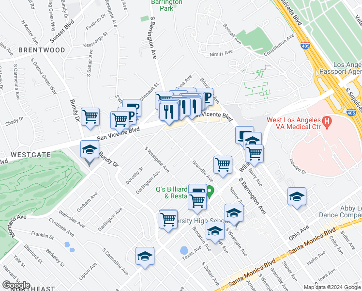 map of restaurants, bars, coffee shops, grocery stores, and more near 11755 Darlington Avenue in Los Angeles