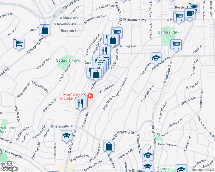 map of restaurants, bars, coffee shops, grocery stores, and more near 811 South Ynez Avenue in Monterey Park