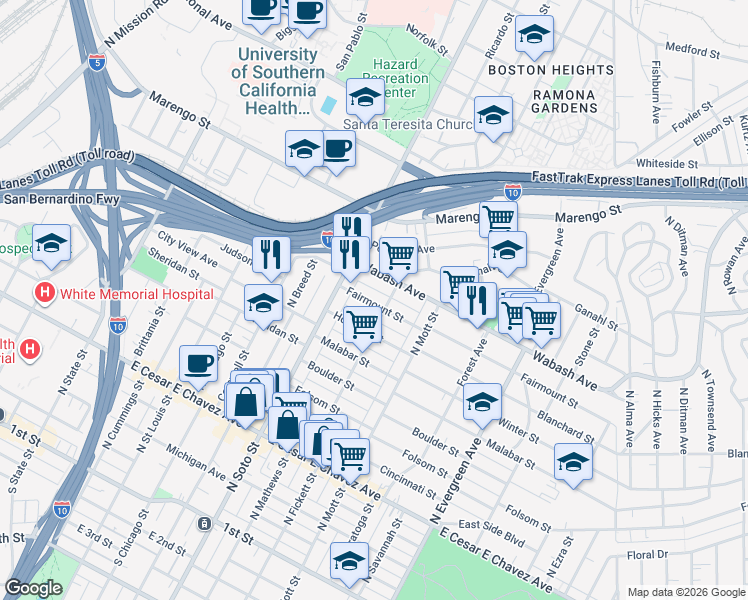 map of restaurants, bars, coffee shops, grocery stores, and more near 2443 1/2 Fairmount Street in Los Angeles