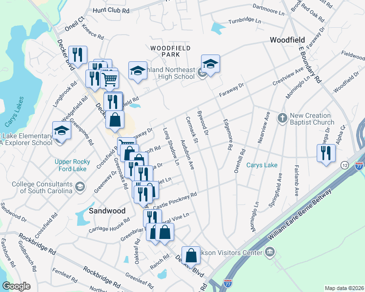 map of restaurants, bars, coffee shops, grocery stores, and more near 2104 Audubon Avenue in Columbia