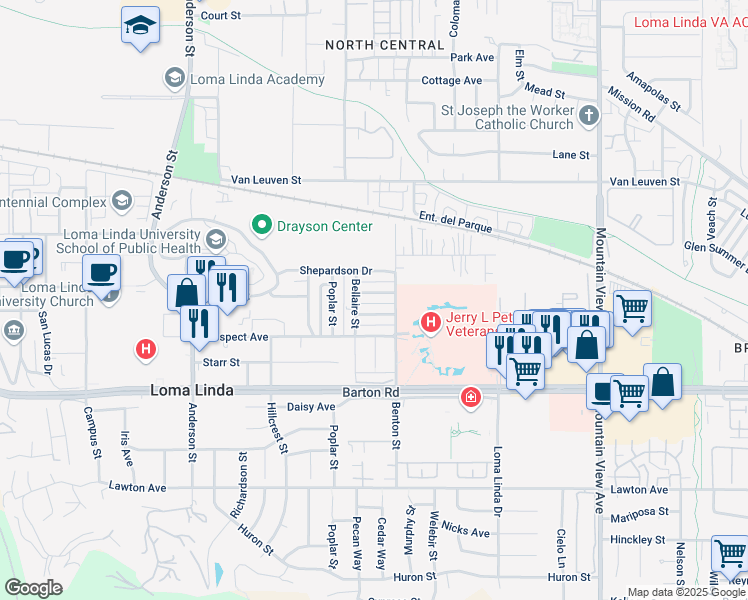 map of restaurants, bars, coffee shops, grocery stores, and more near 25251 La Mar Road in Loma Linda