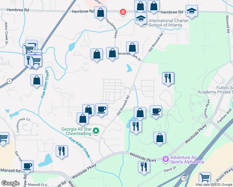 map of restaurants, bars, coffee shops, grocery stores, and more near 1011 Milhaven Drive in Roswell