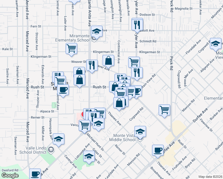 map of restaurants, bars, coffee shops, grocery stores, and more near 10728 Rush Street in South El Monte