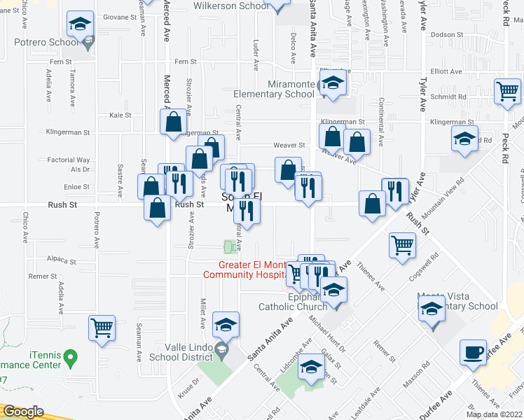 map of restaurants, bars, coffee shops, grocery stores, and more near 10346 1/2 Rush Street in South El Monte