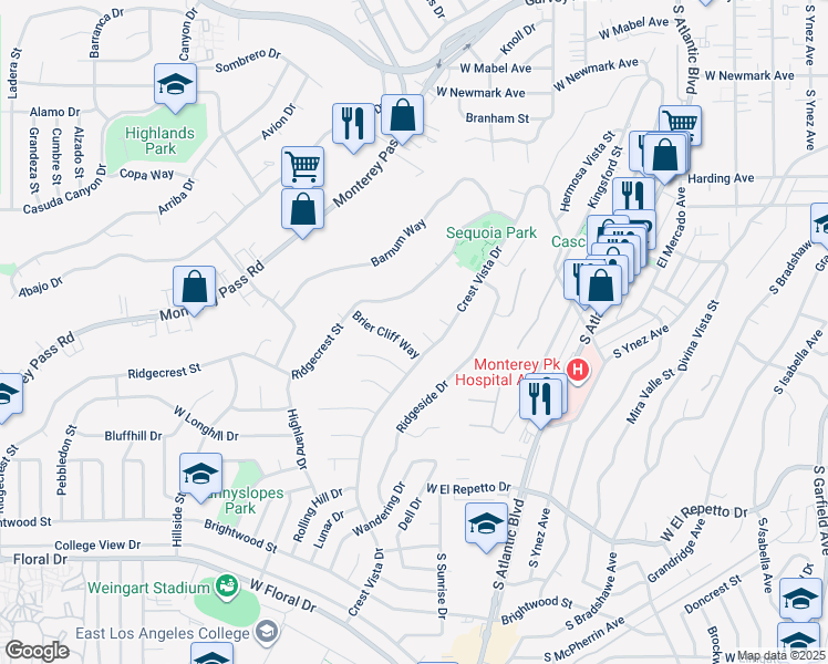 map of restaurants, bars, coffee shops, grocery stores, and more near 1090 Alpine Terrace in Monterey Park