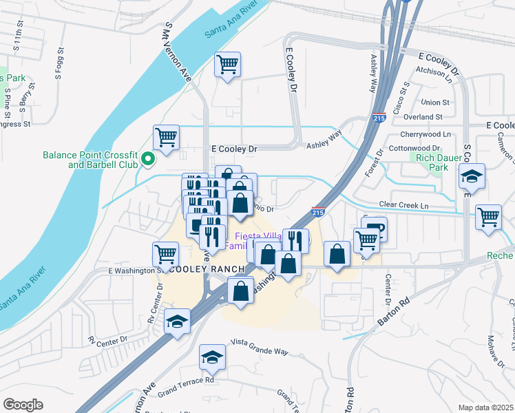 map of restaurants, bars, coffee shops, grocery stores, and more near 1112 East Santo Antonio Drive in Colton