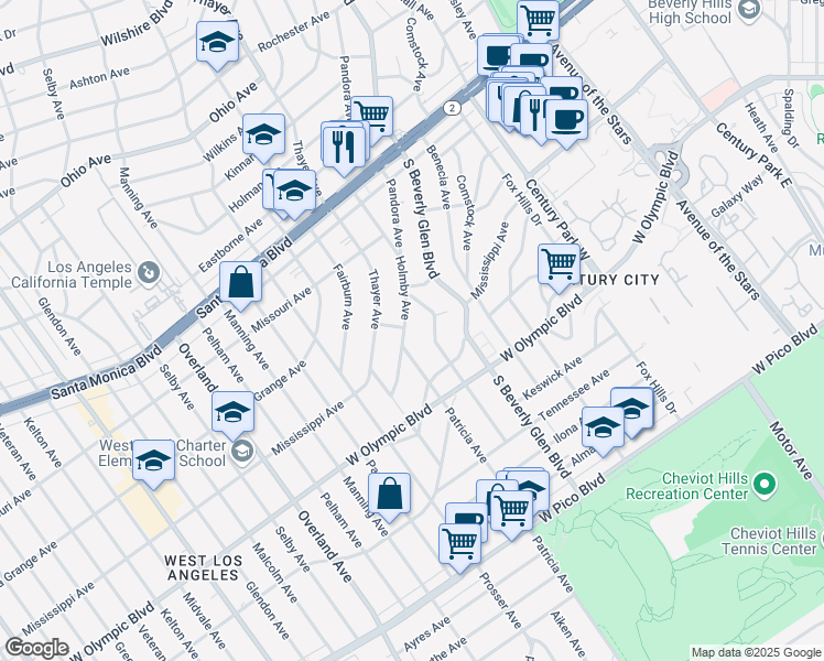 map of restaurants, bars, coffee shops, grocery stores, and more near 2050 Holmby Avenue in Los Angeles