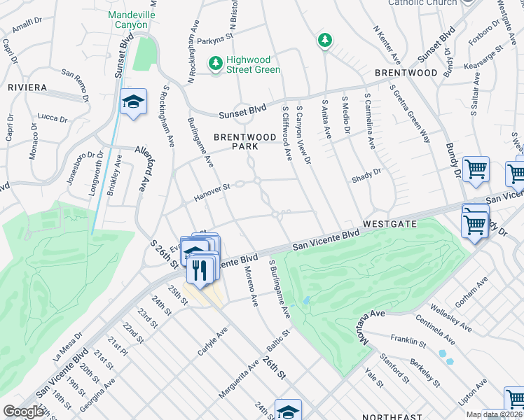 map of restaurants, bars, coffee shops, grocery stores, and more near 355 South Bristol Avenue in Los Angeles