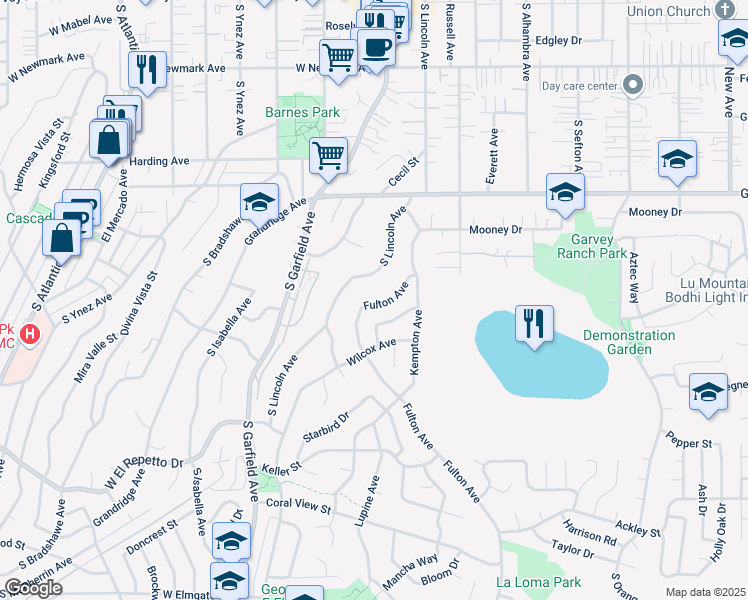 map of restaurants, bars, coffee shops, grocery stores, and more near 1017 Fulton Avenue in Monterey Park