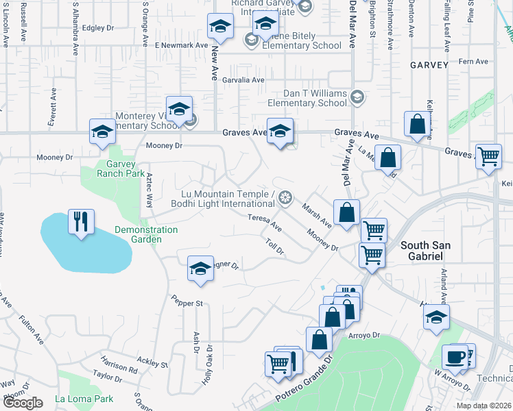 map of restaurants, bars, coffee shops, grocery stores, and more near 7356 Mooney Dr in Rosemead
