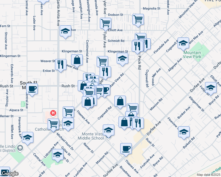 map of restaurants, bars, coffee shops, grocery stores, and more near 2038 Mountain View Road in South El Monte
