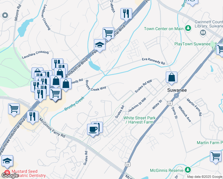 map of restaurants, bars, coffee shops, grocery stores, and more near 3987 Brushy Ridge Way in Suwanee