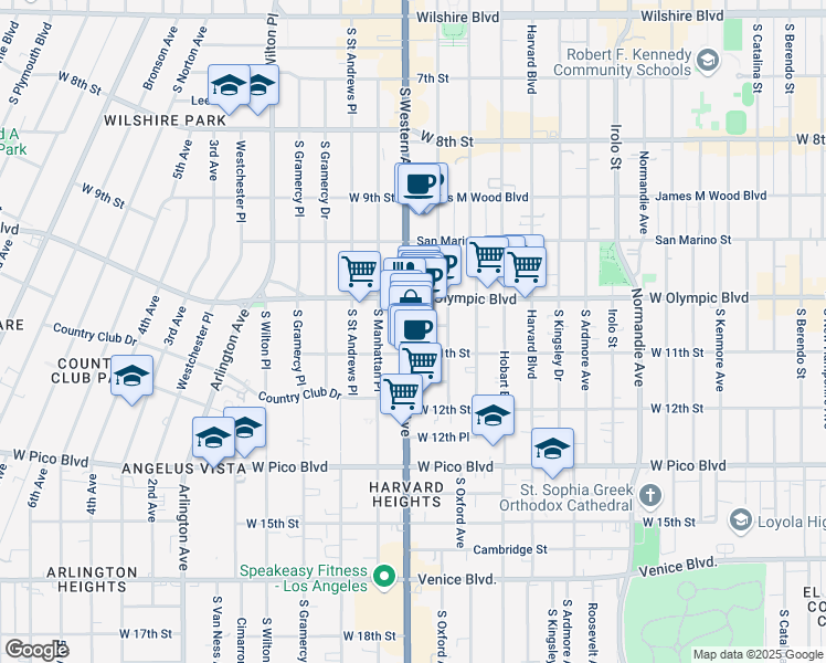 map of restaurants, bars, coffee shops, grocery stores, and more near 1041 South Western Avenue in Los Angeles