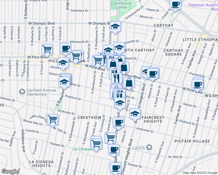 map of restaurants, bars, coffee shops, grocery stores, and more near 8536 Saturn Street in Los Angeles