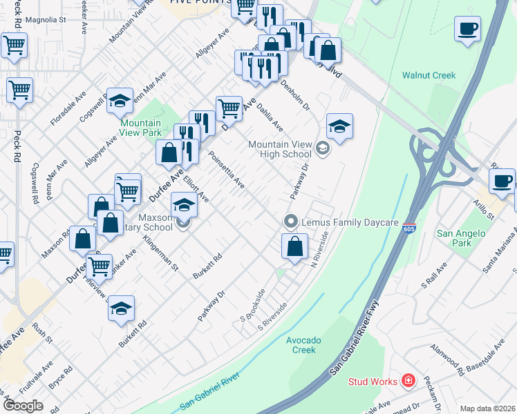 map of restaurants, bars, coffee shops, grocery stores, and more near 12512 Poinsettia Avenue in El Monte