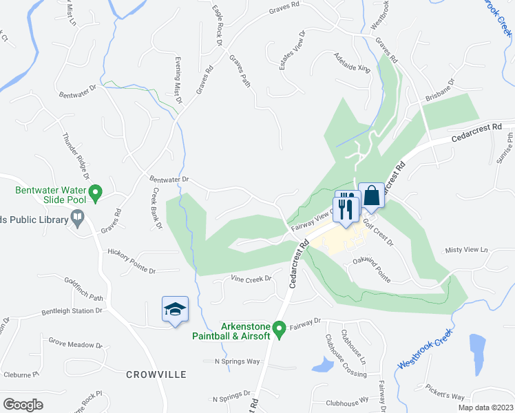 map of restaurants, bars, coffee shops, grocery stores, and more near 223 Bentwater Drive in Acworth