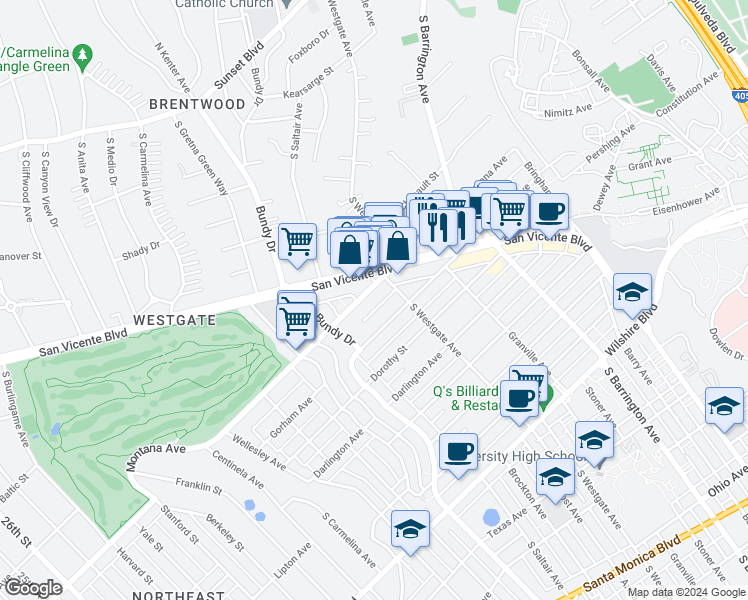 map of restaurants, bars, coffee shops, grocery stores, and more near 11924 Montana Avenue in Los Angeles