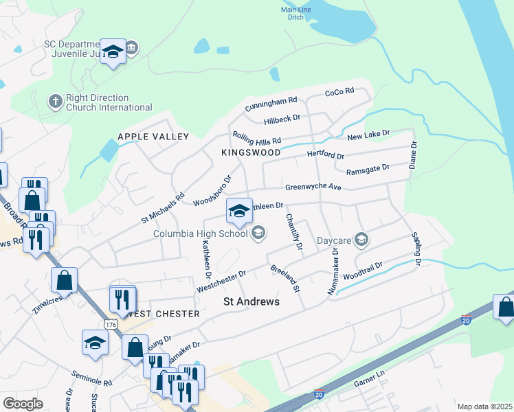 map of restaurants, bars, coffee shops, grocery stores, and more near 1803 Kathleen Drive in Columbia