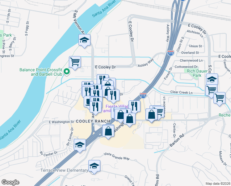 map of restaurants, bars, coffee shops, grocery stores, and more near 1106 East Santo Antonio Drive in Colton