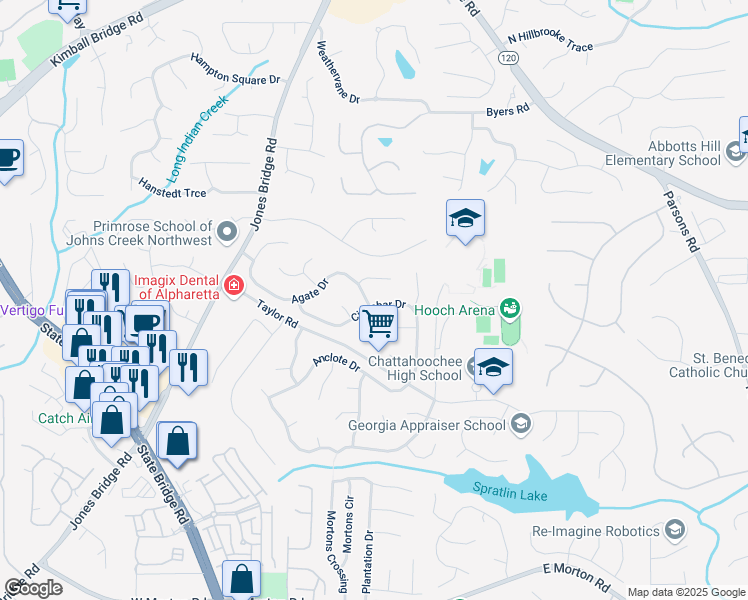 map of restaurants, bars, coffee shops, grocery stores, and more near 5020 Cinnabar Drive in Alpharetta
