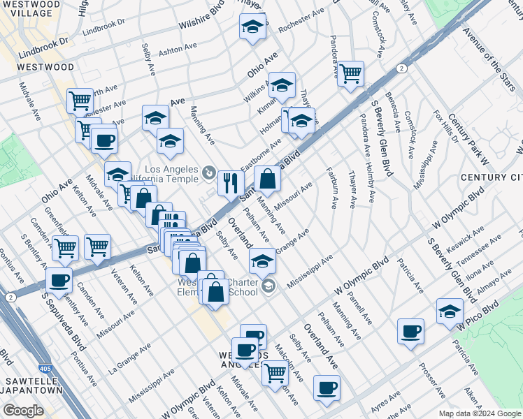 map of restaurants, bars, coffee shops, grocery stores, and more near 1827 Manning Avenue in Los Angeles