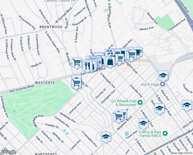 map of restaurants, bars, coffee shops, grocery stores, and more near 11924 Montana Avenue in Los Angeles
