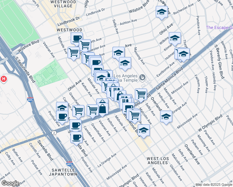 map of restaurants, bars, coffee shops, grocery stores, and more near 1721 Glendon Avenue in Los Angeles