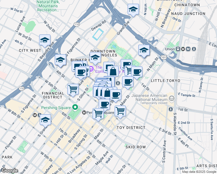 map of restaurants, bars, coffee shops, grocery stores, and more near 245 South Broadway in Los Angeles