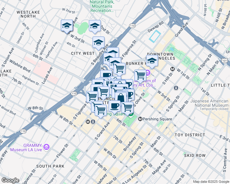 map of restaurants, bars, coffee shops, grocery stores, and more near 444 South Flower Street in Los Angeles