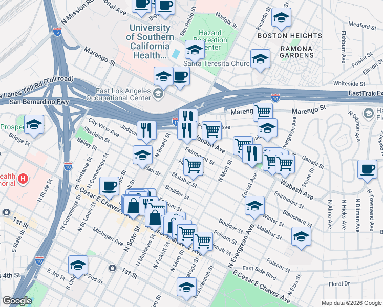 map of restaurants, bars, coffee shops, grocery stores, and more near 2426 Fairmount Street in Los Angeles