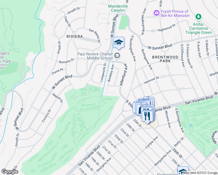 map of restaurants, bars, coffee shops, grocery stores, and more near 1328 Brinkley Avenue in Los Angeles