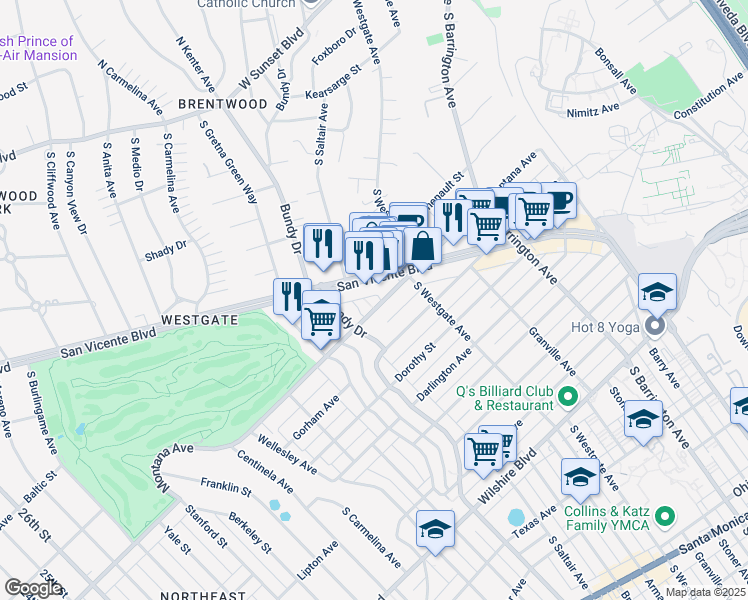 map of restaurants, bars, coffee shops, grocery stores, and more near 11961 Montana Avenue in Los Angeles