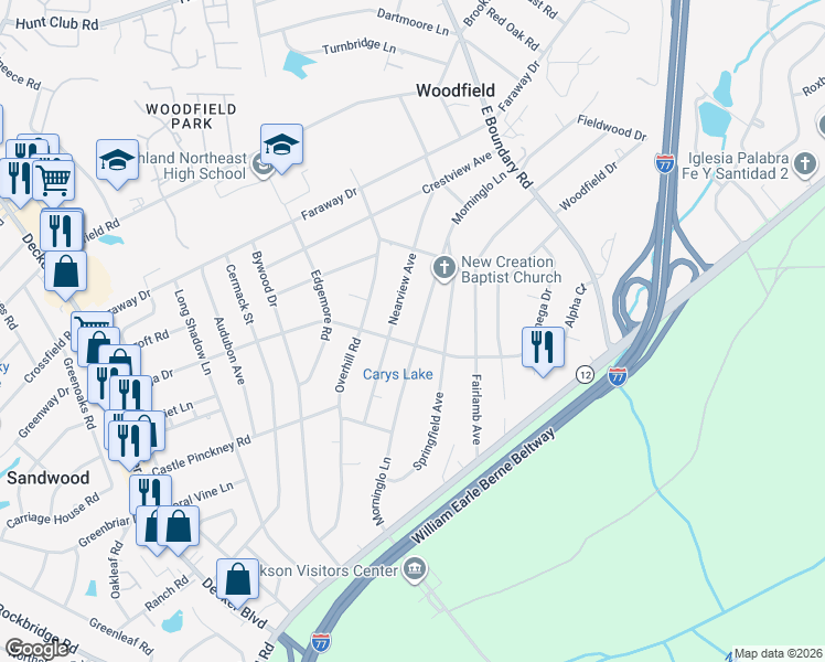 map of restaurants, bars, coffee shops, grocery stores, and more near 1805 Morninglo Lane in Columbia