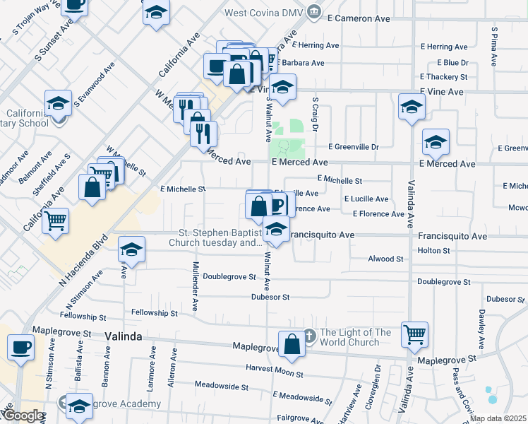 map of restaurants, bars, coffee shops, grocery stores, and more near 1321 South Walnut Avenue in West Covina