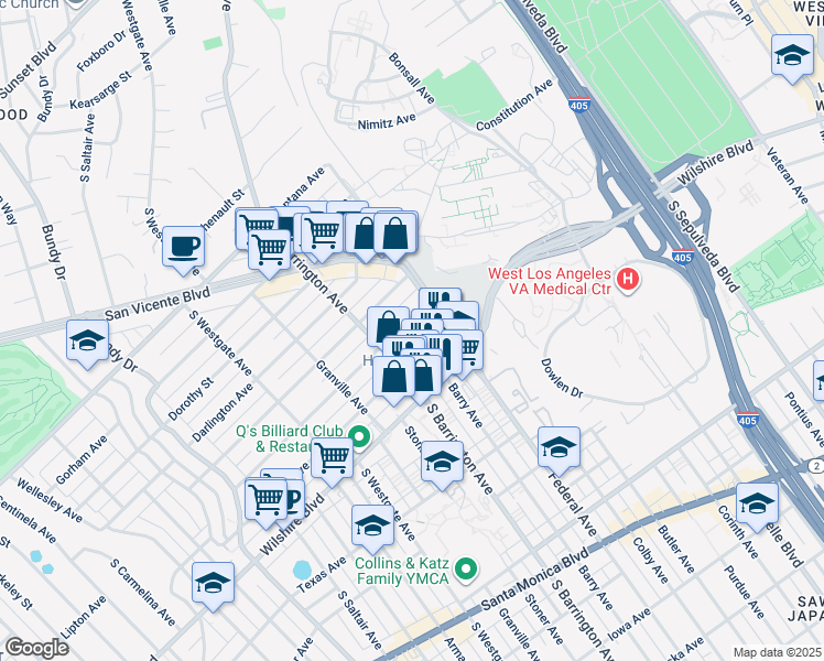 map of restaurants, bars, coffee shops, grocery stores, and more near 11640 Kiowa Avenue in Los Angeles