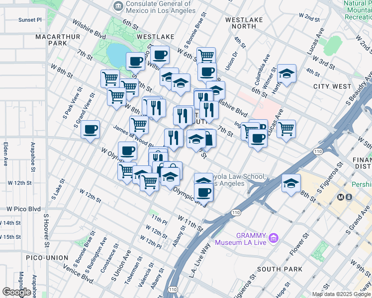 map of restaurants, bars, coffee shops, grocery stores, and more near 820 S Union Ave in Los Angeles