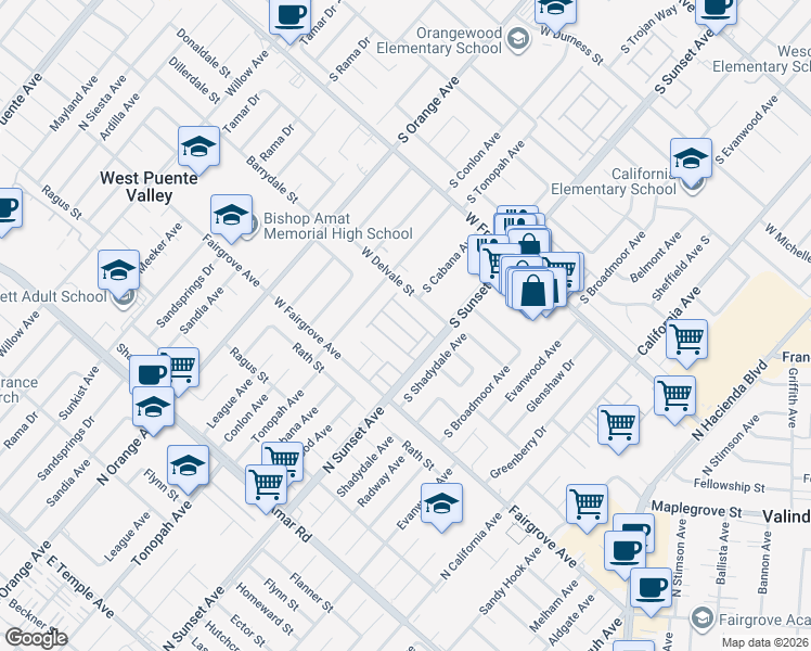 map of restaurants, bars, coffee shops, grocery stores, and more near 1461 Stardust Drive in West Covina