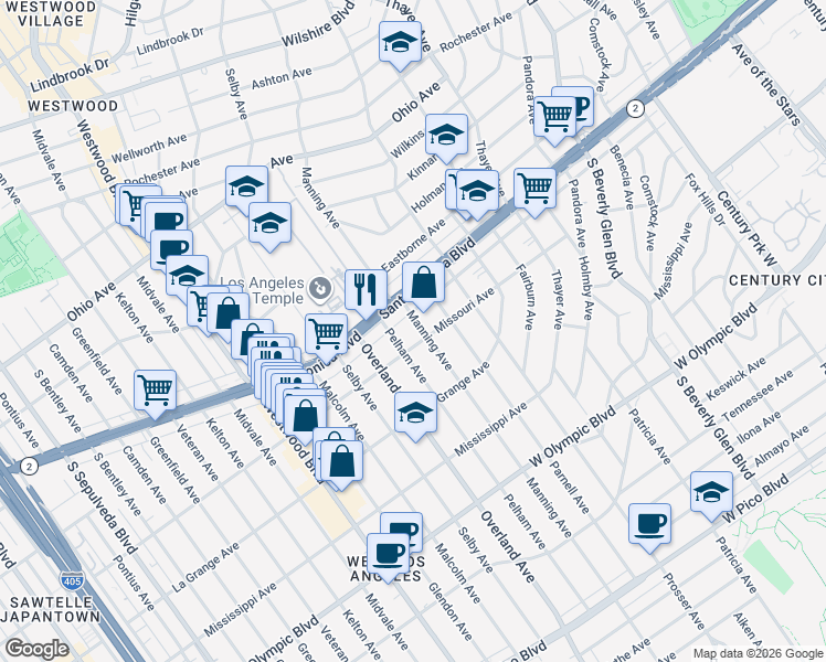 map of restaurants, bars, coffee shops, grocery stores, and more near 1827 Manning Avenue in Los Angeles