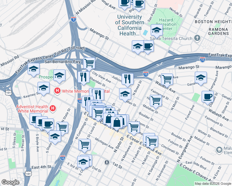 map of restaurants, bars, coffee shops, grocery stores, and more near 2113 Sheridan Street in Los Angeles