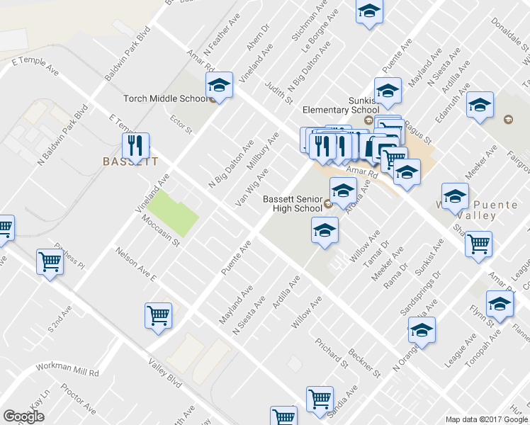 map of restaurants, bars, coffee shops, grocery stores, and more near 13645 Lassalette Street in La Puente