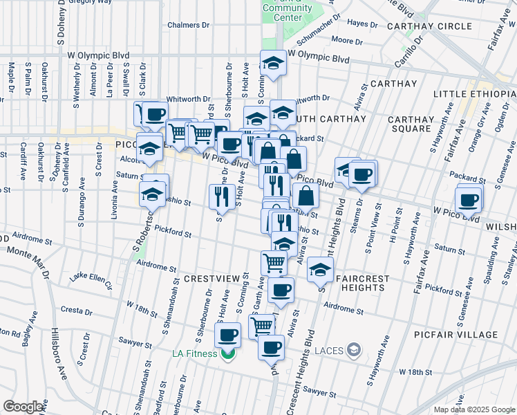 map of restaurants, bars, coffee shops, grocery stores, and more near 8516 1/2 Saturn Street in Los Angeles